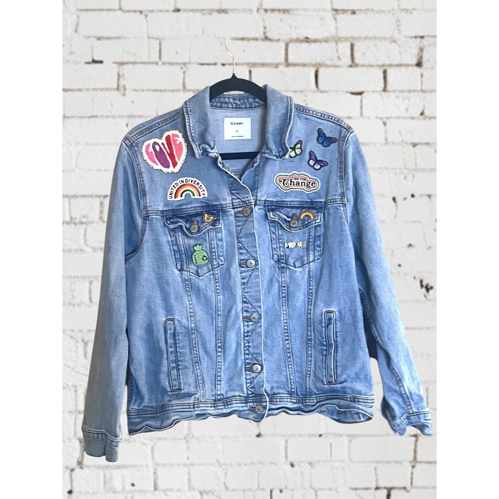Rainbow Butterflies Pride Boho Festival Patch Denim Jean Jacket LGBTQIA+ sz. XL - Picture 3 of 9